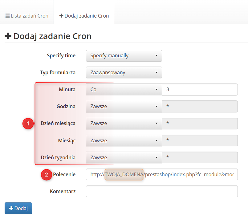 dodaj zadanie cron