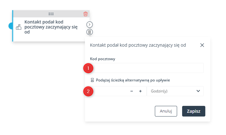 workflow zdarzenie kontakt podal kod pocztowy zaczynajacy sie od