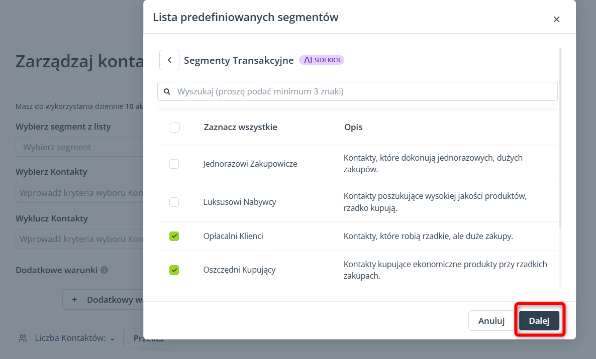 lista predefiniowanych segmentow segmentacja transakcyjna